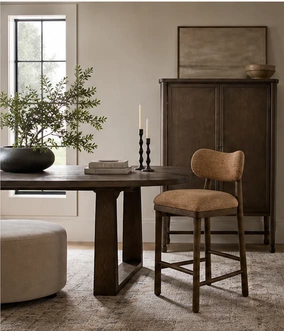 Shoppe Amber Lewis dining room with the Juna Counter Stool and Wilder Bar Cabinet